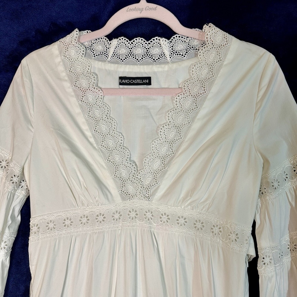 Flavio Castellani Italian White Lace Long Sleeve Dress US size 2 Italy Size 38 - Picture 3 of 16